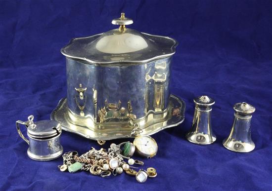 A silver albert and other miscellaneous jewellery, silver mustard pot, pair of plated peppers and a plated biscuit box.